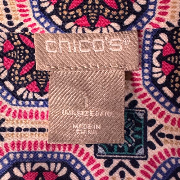 Chico’s SZ 1 (8/10) Midi Dress Medallion Button-Up 3/4 Sleeve Stretch V-Neck - Picture 6 of 7